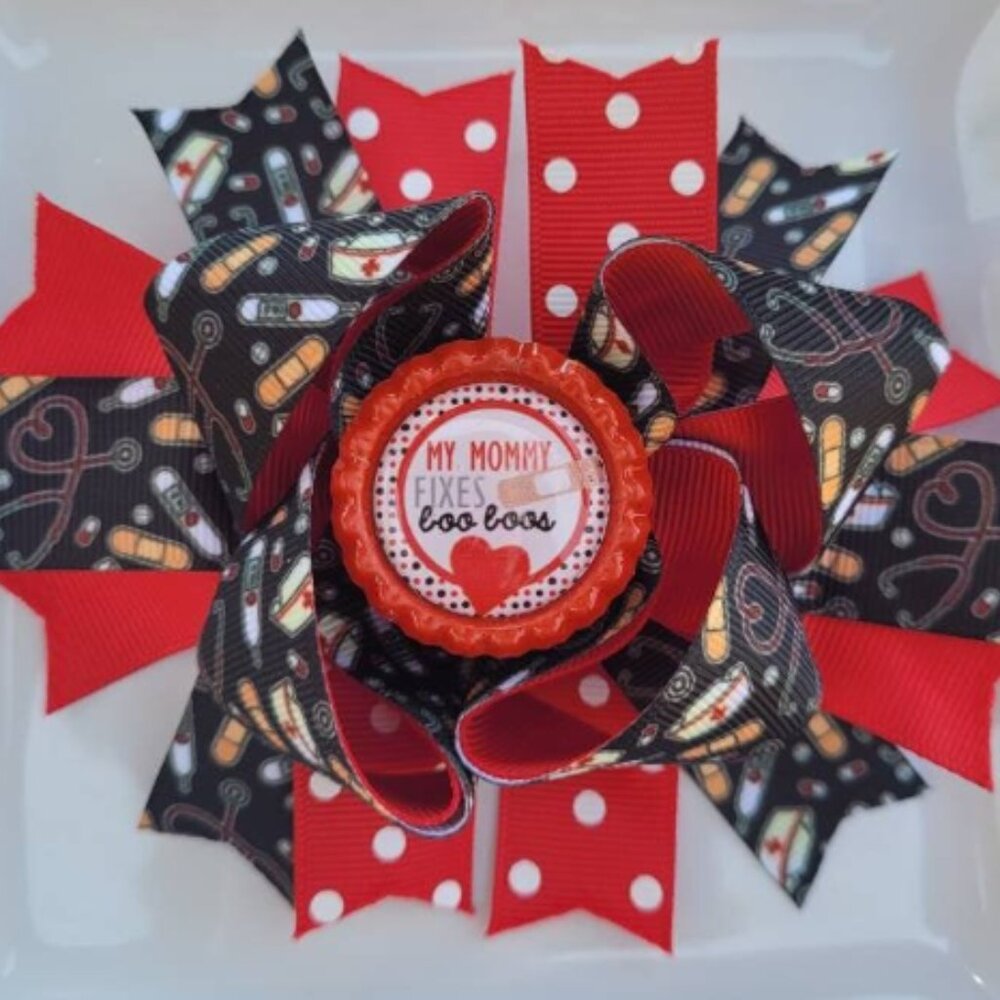 My Mommy Fixes Boo Boos Nurse Red Black White Bottle Cap Hair Bow 5"